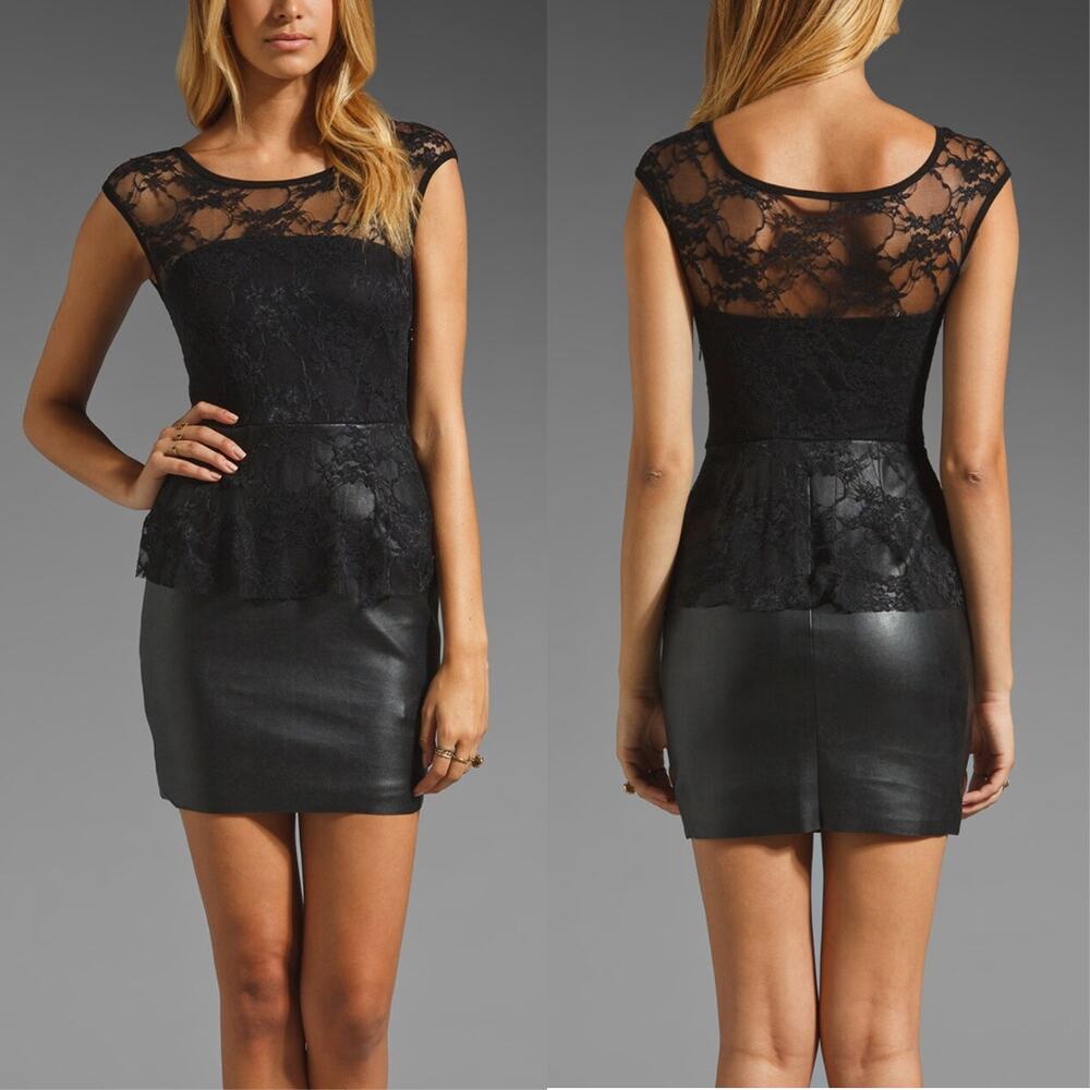 Bailey 44 | Curfew Peplum Black Lace Faux Leather Bodycon Mini Party Dress